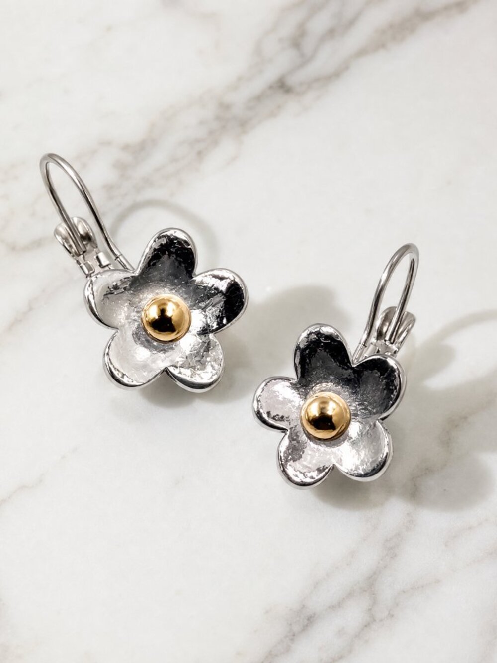 Lia Sophia Silver Flower Earrings with Gold Center Accents